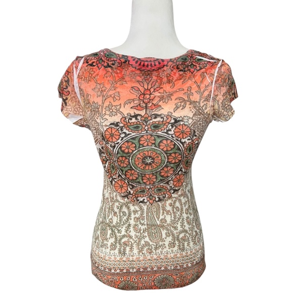 Y2K Semi-Sheer Boho Short Sleeve Top Medium - Picture 4 of 4